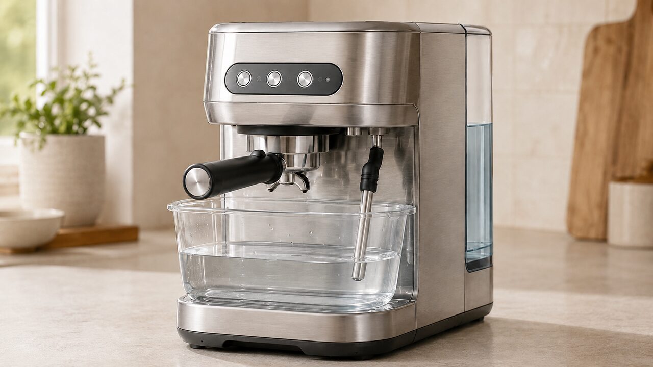 Breville Bambino Plus set up with a container for descaling