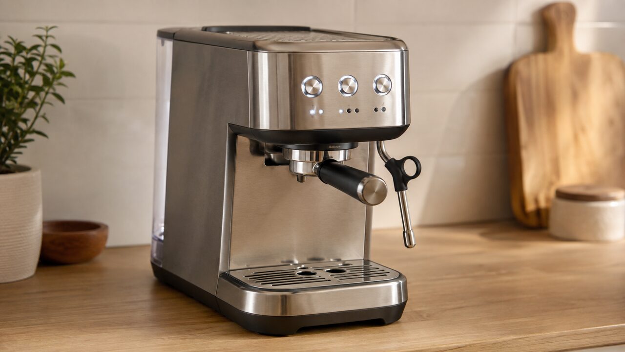 Breville Bambino Plus control panel with several indicator lights illuminated