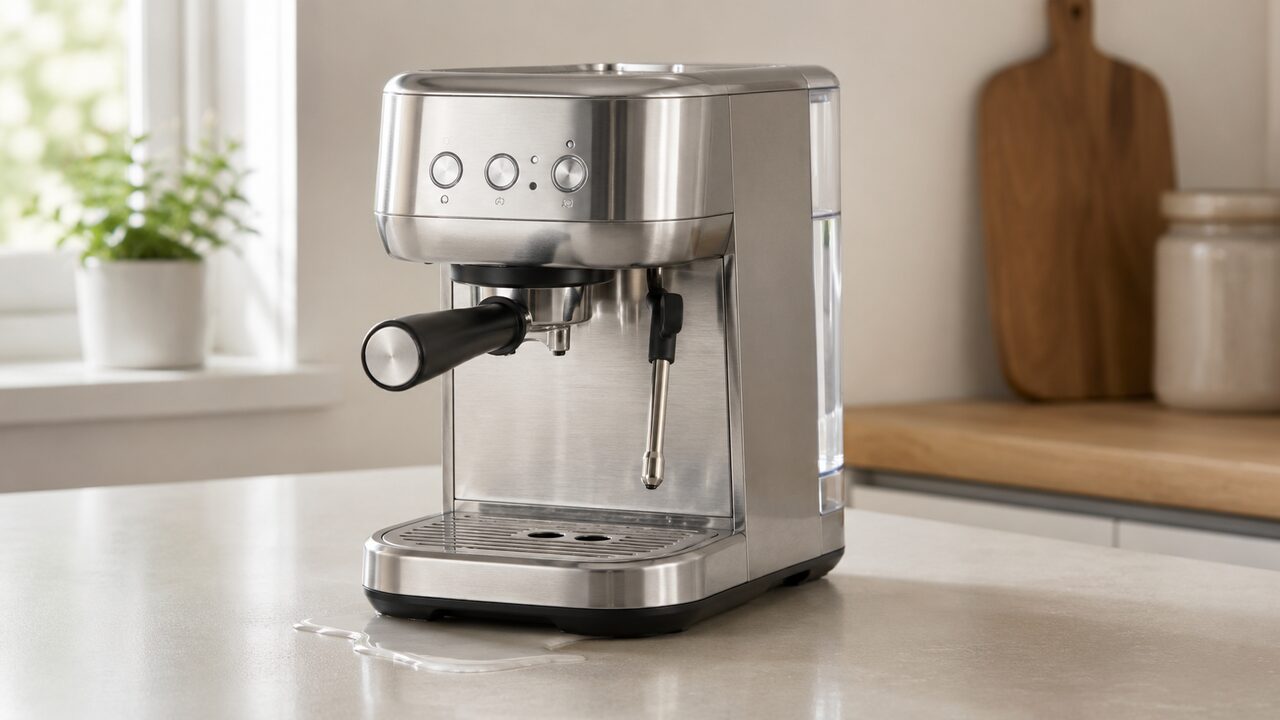 Water pooling beneath a Breville Bambino Plus near the drip tray