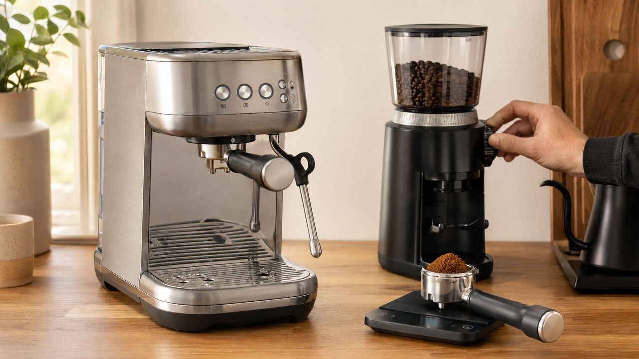 Breville Bambino Plus with grinder and portafilter on a coffee scale