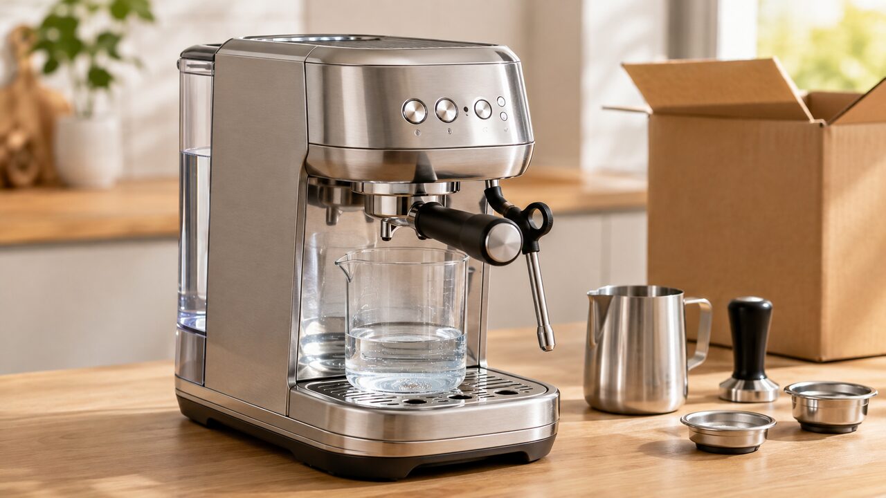 New Bambino Plus prepared for its first-use rinse with tank, portafilter and collection container
