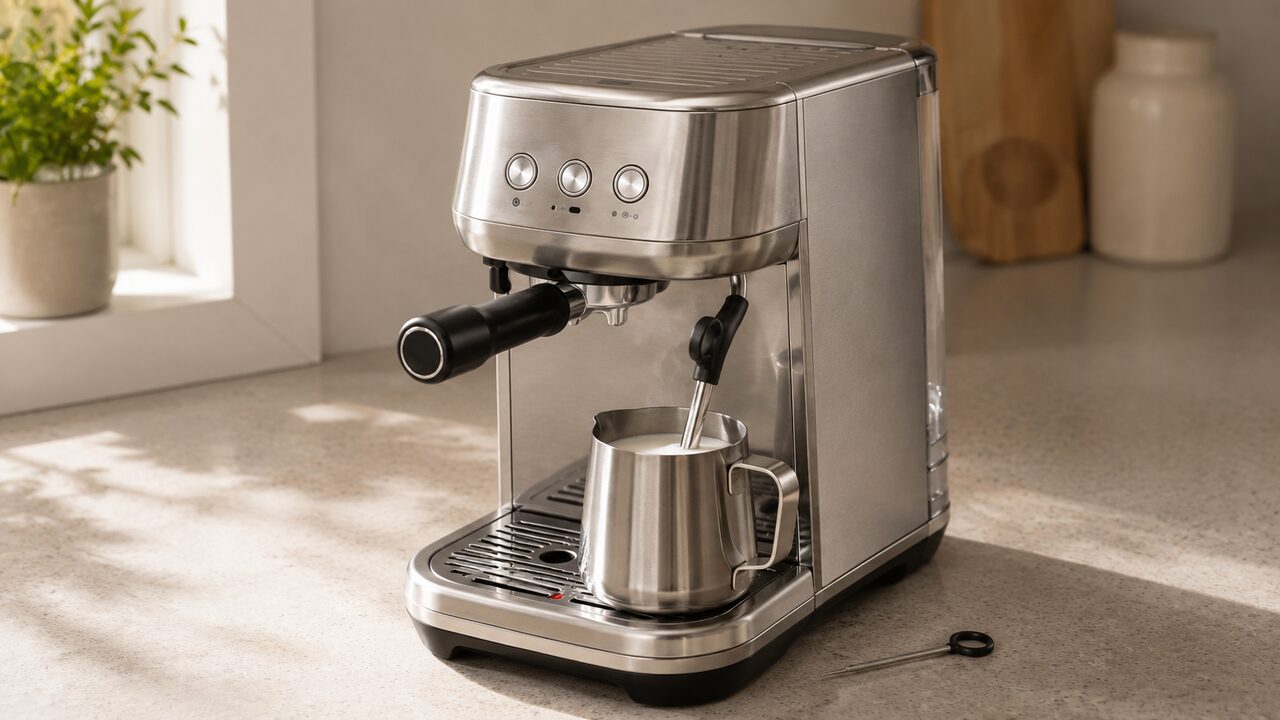 Breville Bambino Plus steam wand producing weak steam into a milk jug