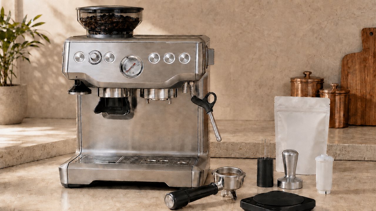 Breville Barista Express with a coffee scale, bottomless portafilter, tamper, WDT tool and maintenance supplies