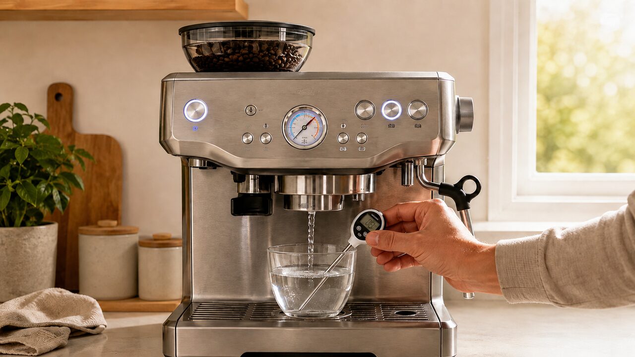 Breville Barista Express powered on while checking the water temperature