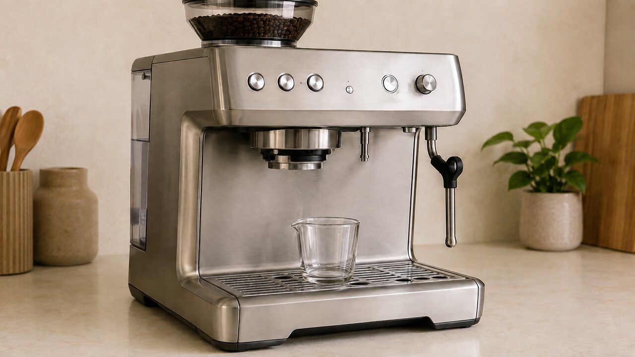Breville Barista Express with an empty glass under the group head and no water flow