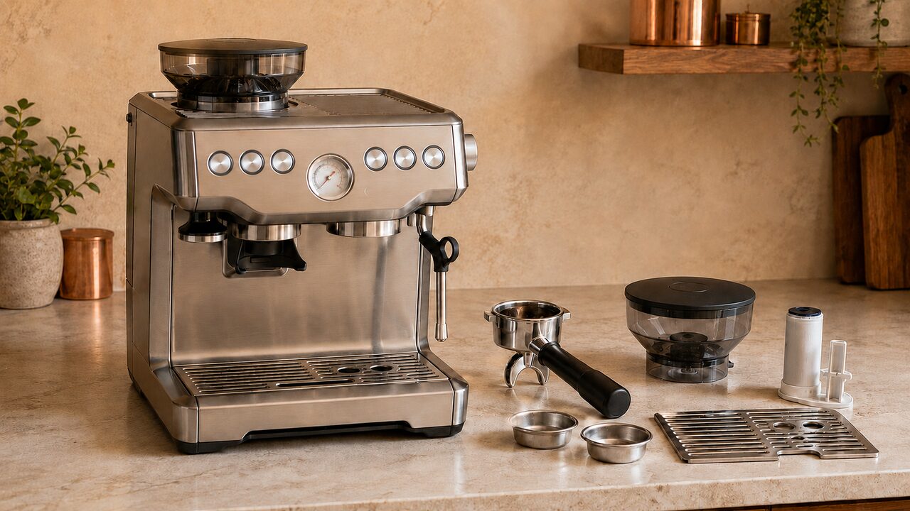 Breville Barista Express with replacement portafilter, filter baskets, bean hopper, water filter and drip tray grille