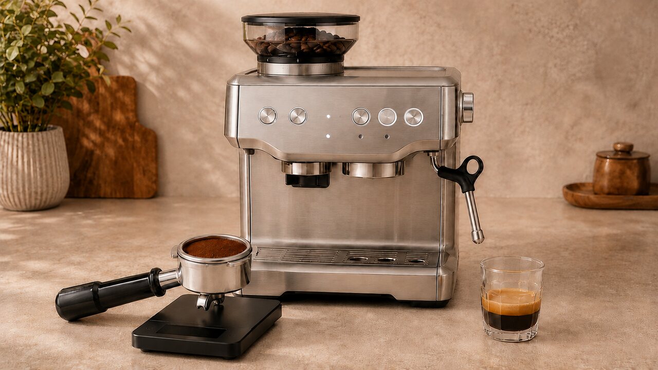 Espresso machine with grinder adjustment, portafilter on a coffee scale and finished espresso shot