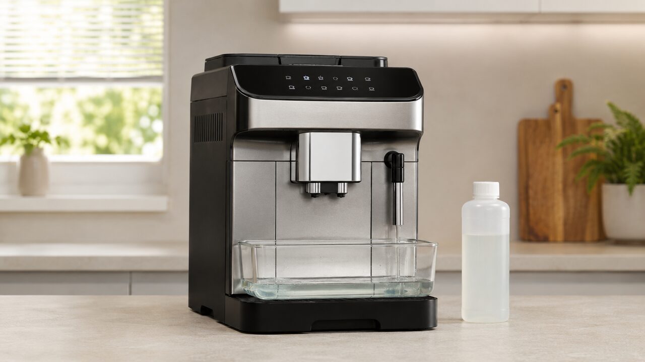 DeLonghi Magnifica Evo ECAM29084SB prepared for descaling with a container under the outlets