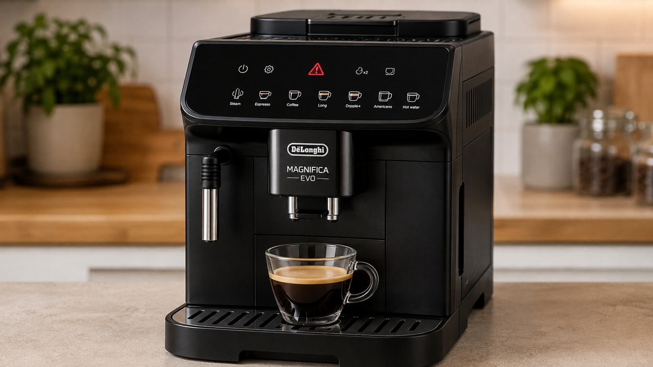 DeLonghi Magnifica Evo showing the red general alarm warning light