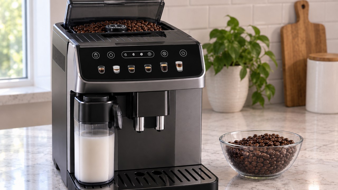 DeLonghi Magnifica Evo ECAM29084SB with open bean hopper and grinder adjustment dial