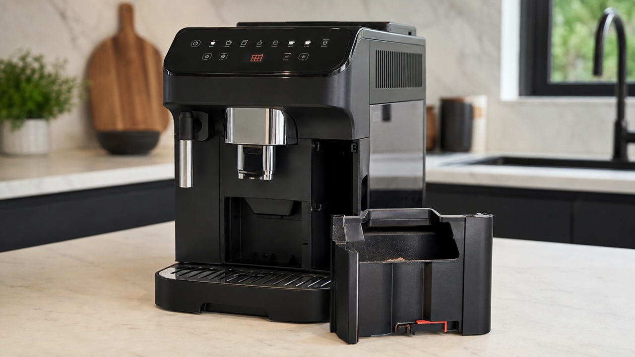 DeLonghi Magnifica Evo with the grounds container removed for troubleshooting