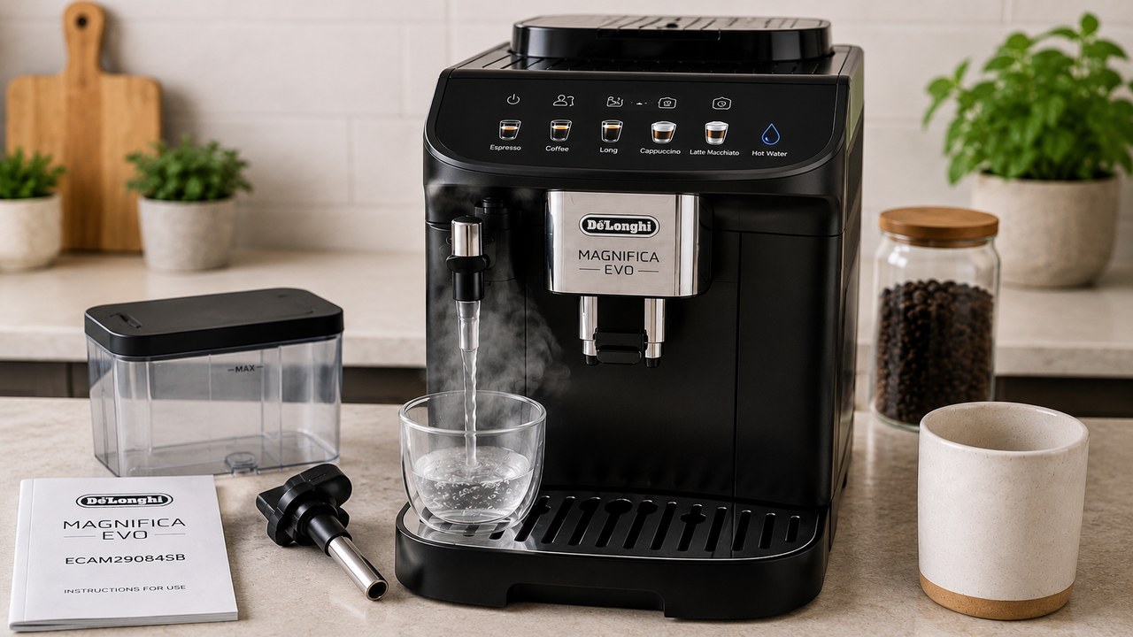 DeLonghi Magnifica Evo ECAM29084SB dispensing hot water from the hot-water spout