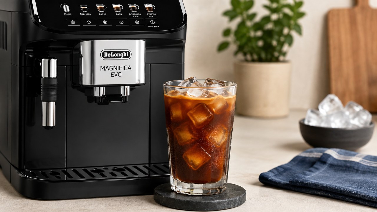 DeLonghi Magnifica Evo with a glass of iced coffee prepared using the Over Ice