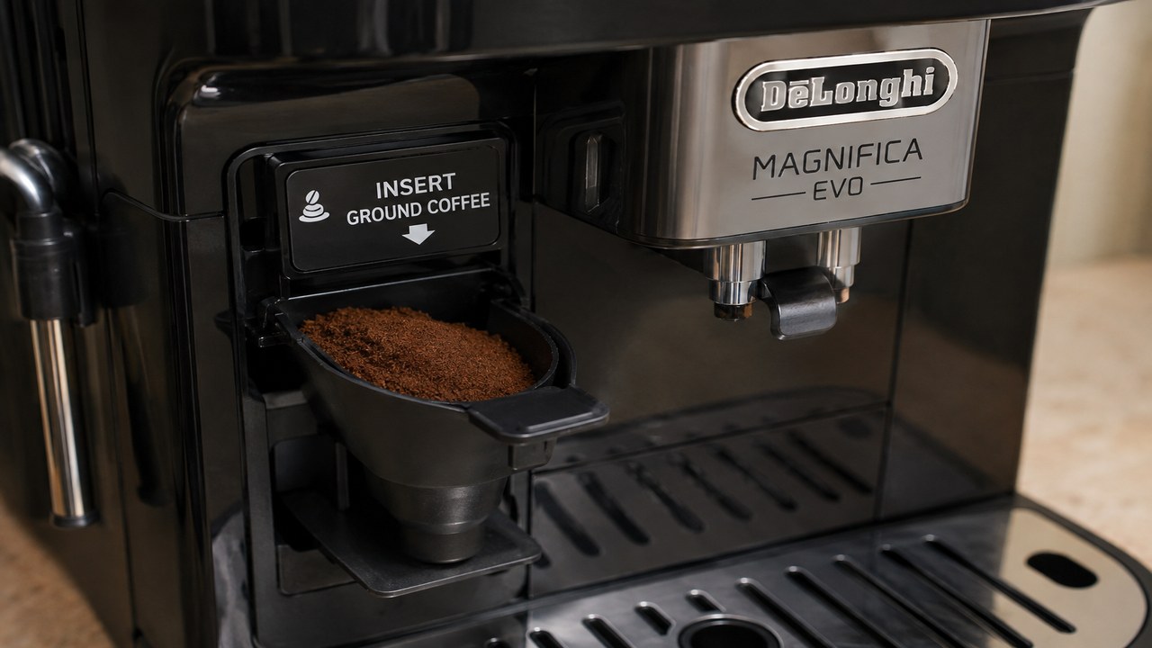 DeLonghi Magnifica Evo with pre-ground coffee added to the bypass funnel