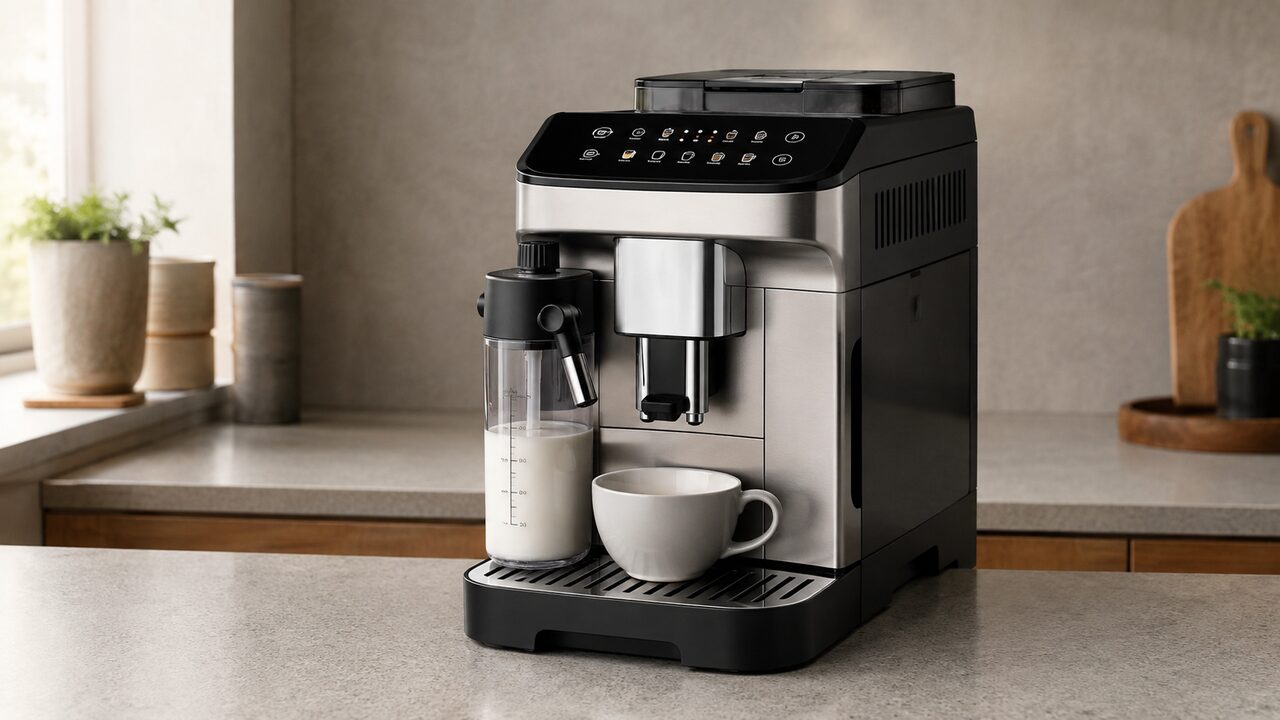 DeLonghi Magnifica Evo ECAM29084SB with LatteCrema carafe on a kitchen counter