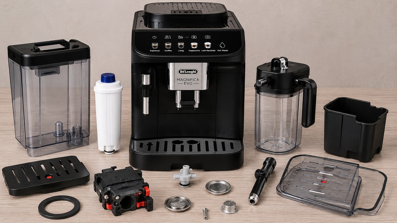 DeLonghi Magnifica Evo ECAM29084SB with compatible replacement parts and accessories