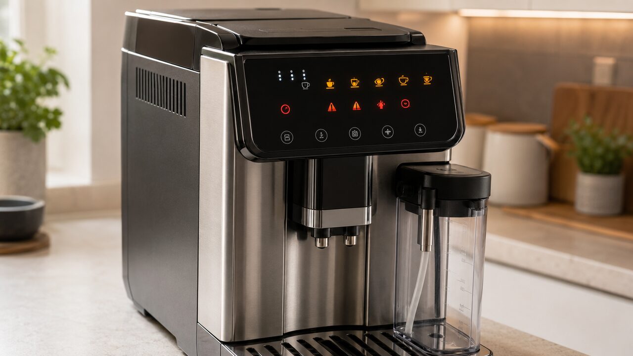 DeLonghi Magnifica Evo ECAM29084SB with warning lights illuminated on the control panel