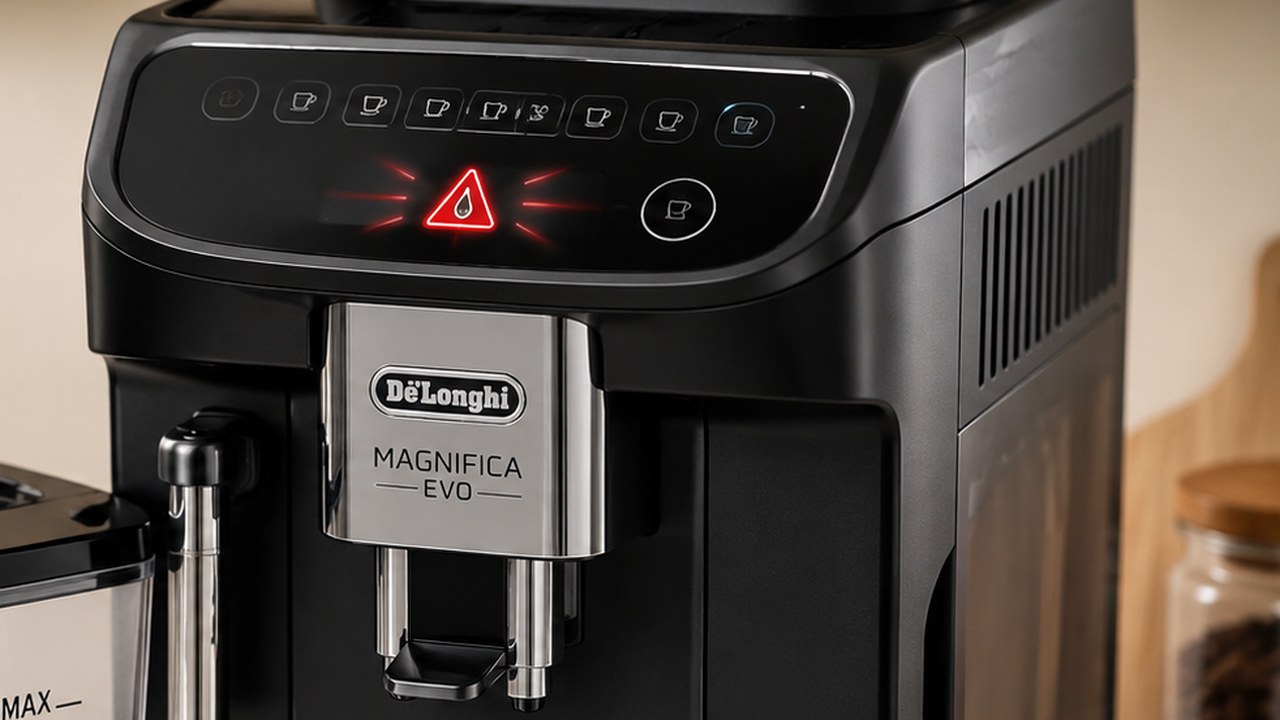 DeLonghi Magnifica Evo with water tank and flashing water warning light