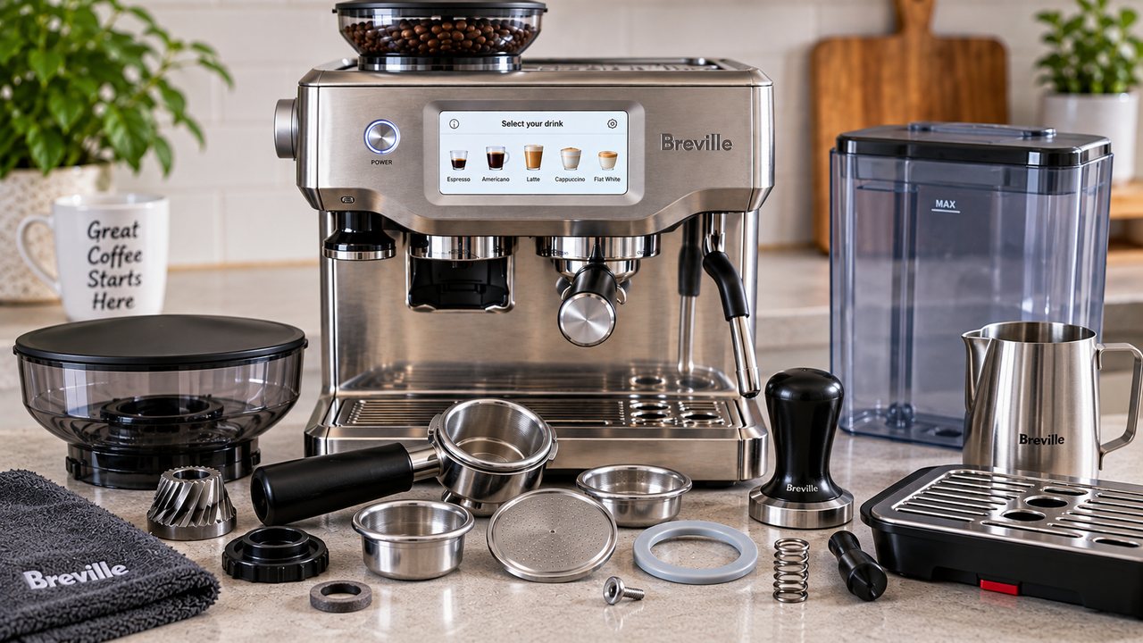 Breville Barista Touch BES880 espresso machine with replacement parts including portafilter, baskets, seal, burr and water tank