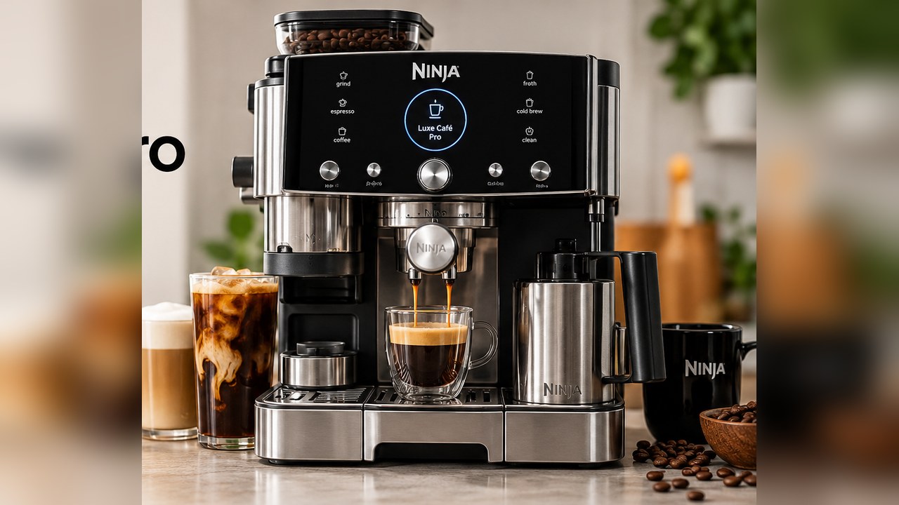 Ninja Luxe Café Pro ES701 espresso machine with coffee and milk drinks