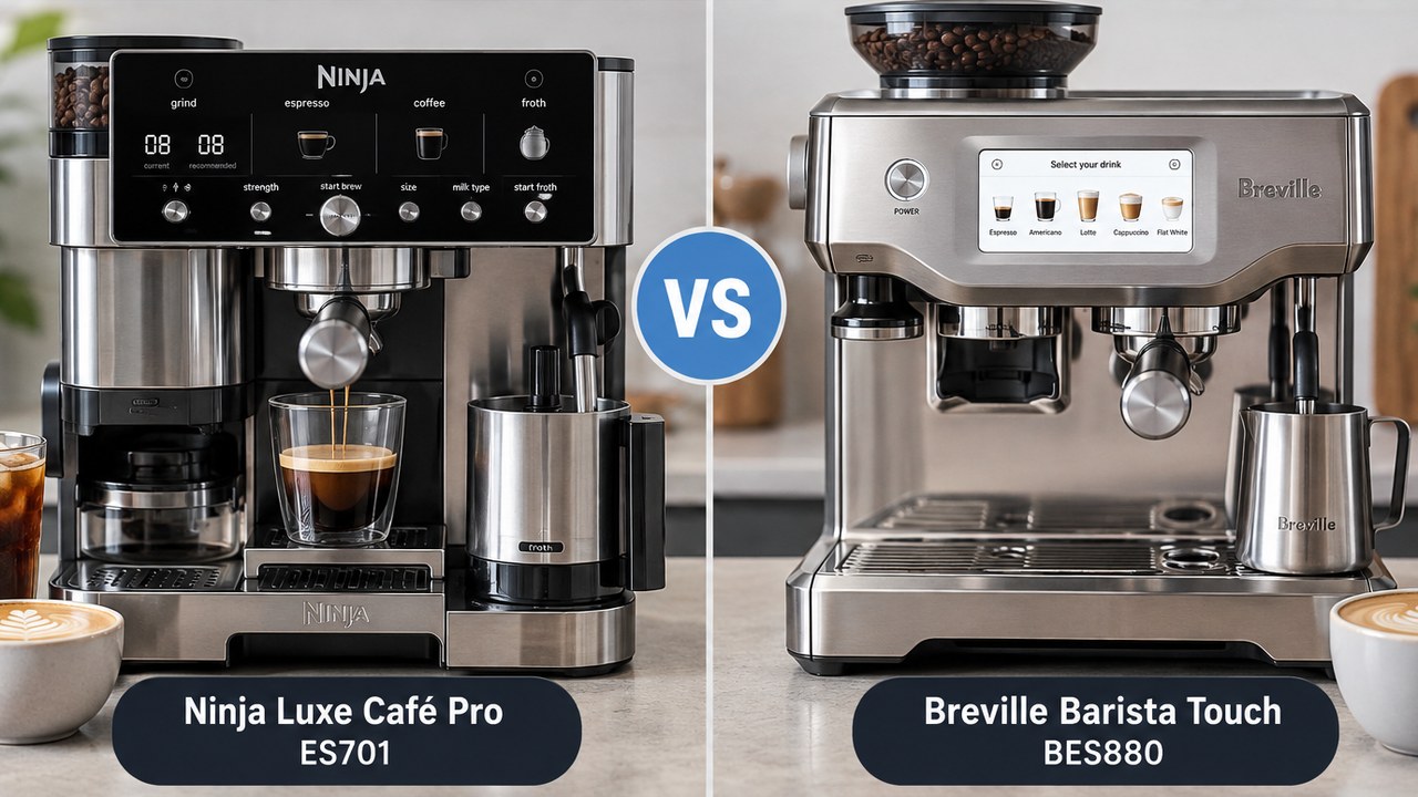 Ninja Luxe Café Pro ES701 and Breville Barista Touch BES880 espresso machines side by side